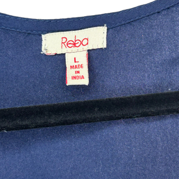 Reba Slit Sleeve Embroidered Navy India Tie Front Bohemian Hippie Tunic Size L - Picture 7 of 9